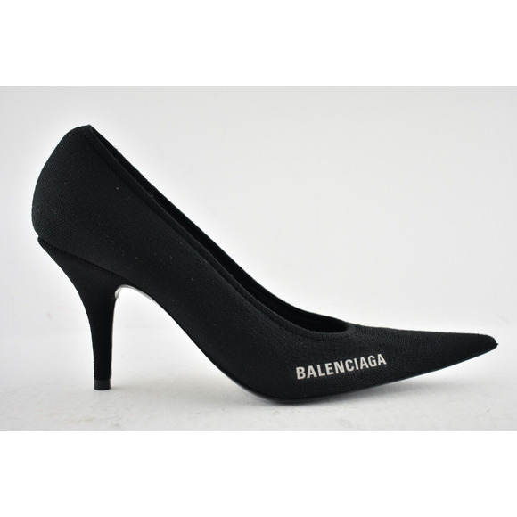 Balenciaga Knife Recycled Knit Black White Logo Pointed Toe Mule Heel Pump 37.5 - Picture 3 of 12
